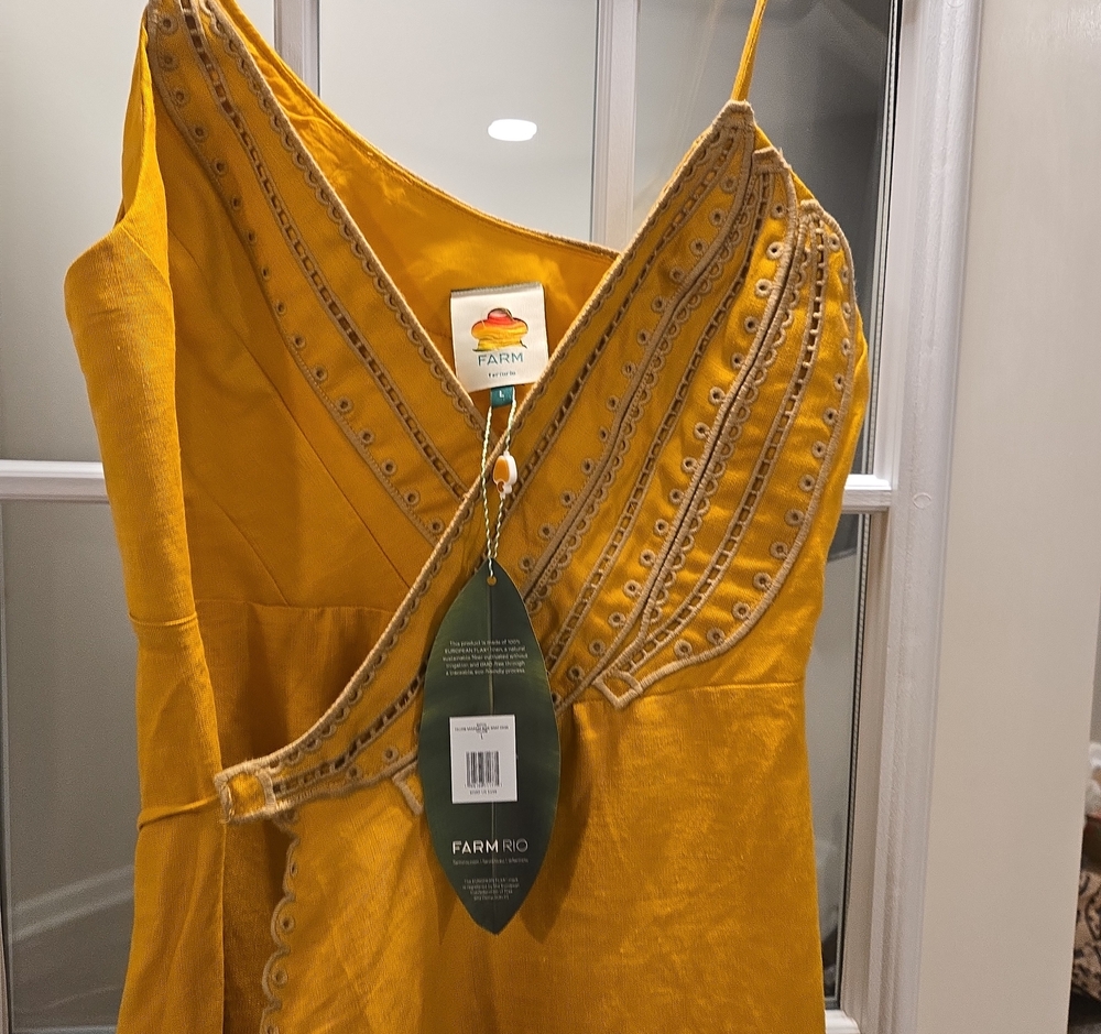 FARM Rio Mustard Yellow Eyelet Strapless Wrap Dress - Picture 7 of 8